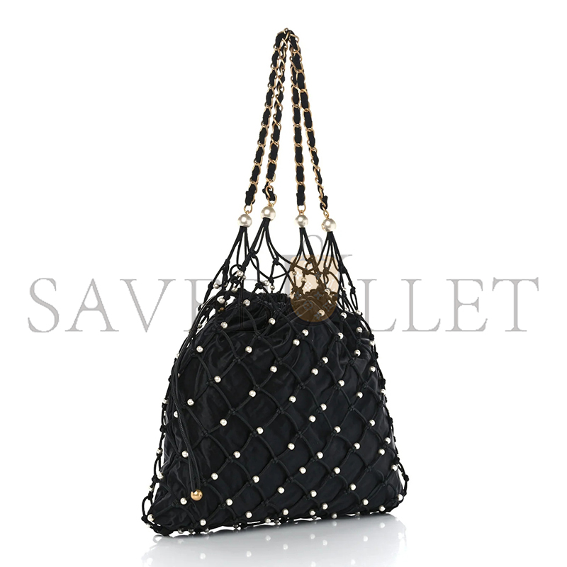 Ch**el nylon pearl coco beach net tote black as29384 (39*33*5cm)